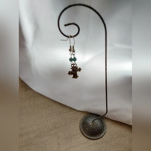 Silver Boho Turquoise Cross Drop Earrings - Picture 3 of 3